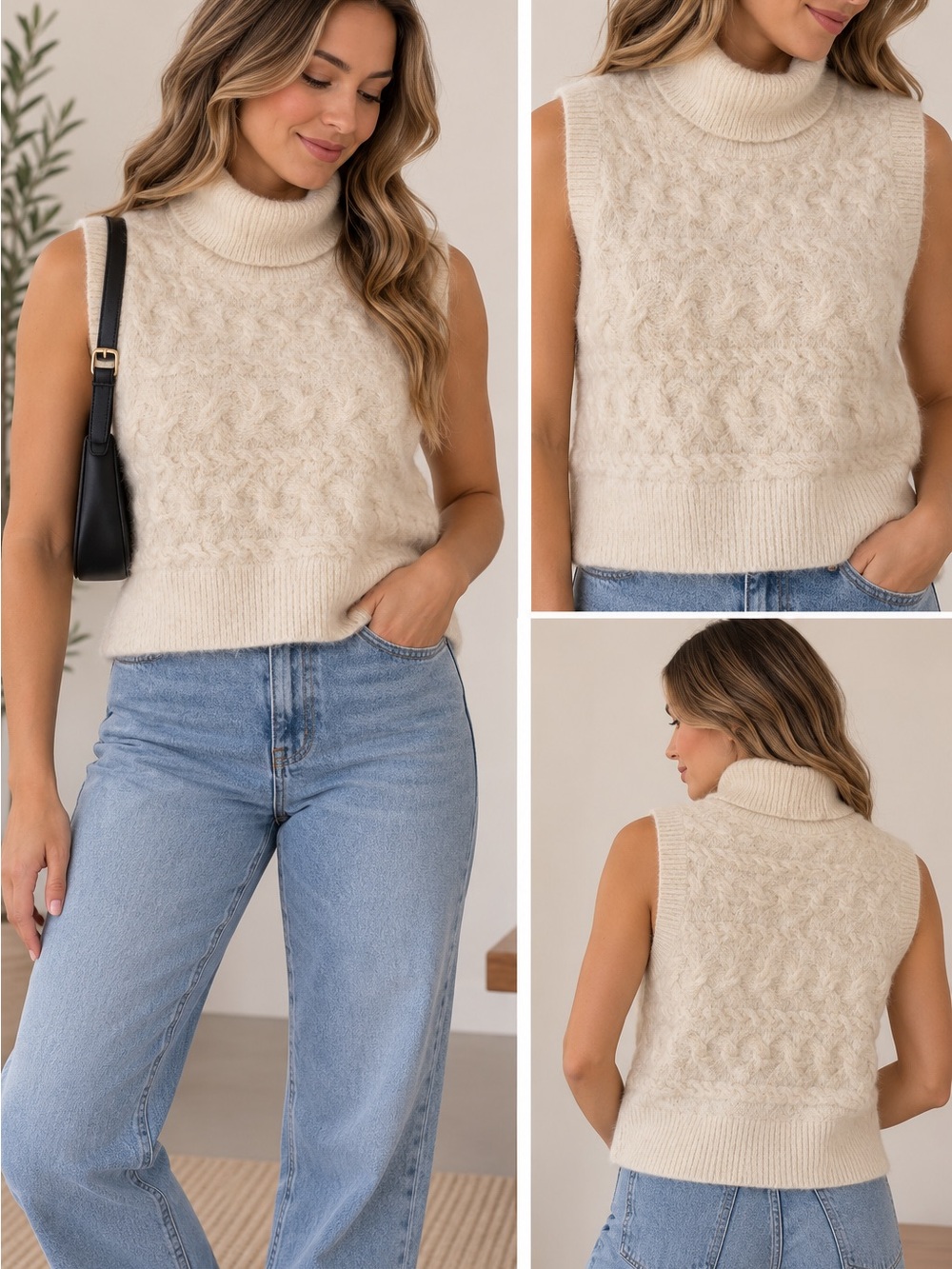Old Navy Cream Cable Knit Sleeveless Turtleneck